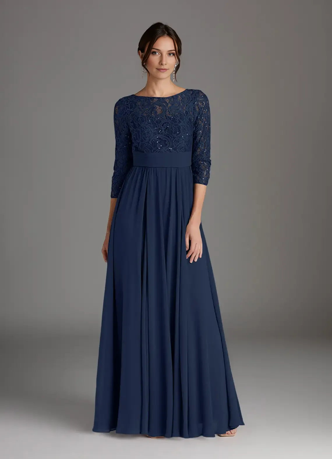 Navy Dark A-Line Sequins hot sale Mother of the Bride Dress with Bodice Boat Neckline 3/4 Sleeves