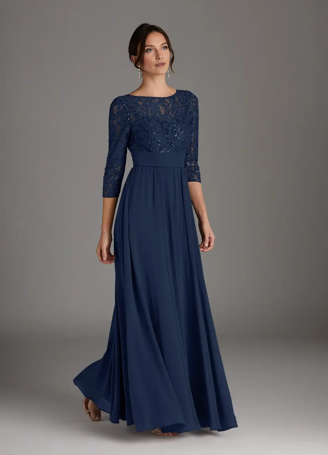 Navy Dark A-Line Sequins hot sale Mother of the Bride Dress with Bodice Boat Neckline 3/4 Sleeves