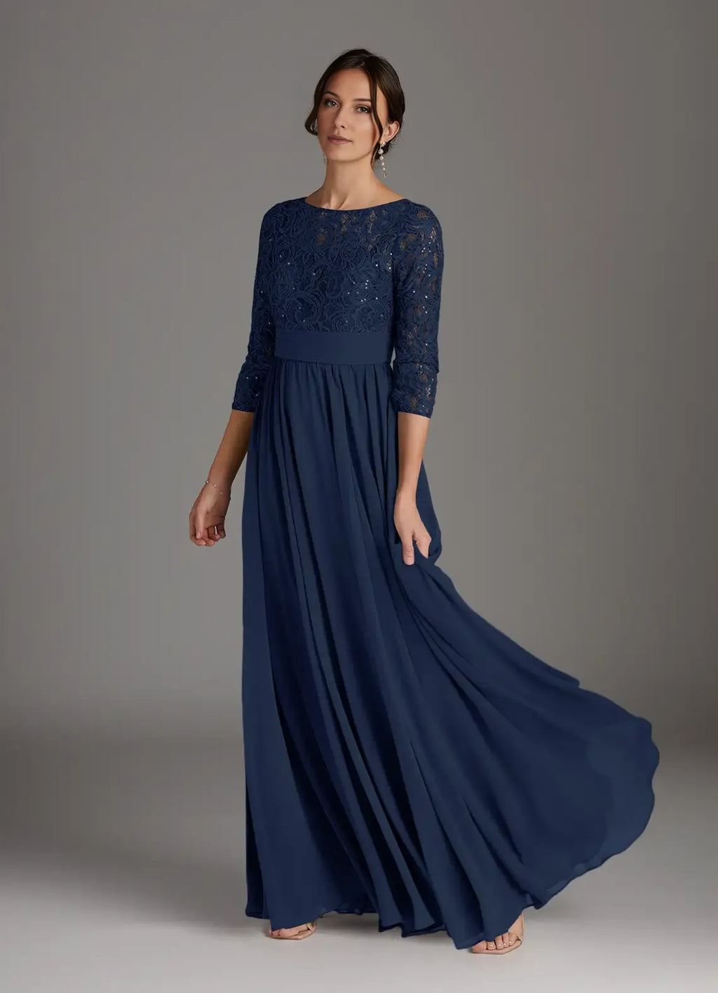 Navy Dark A-Line Sequins hot sale Mother of the Bride Dress with Bodice Boat Neckline 3/4 Sleeves