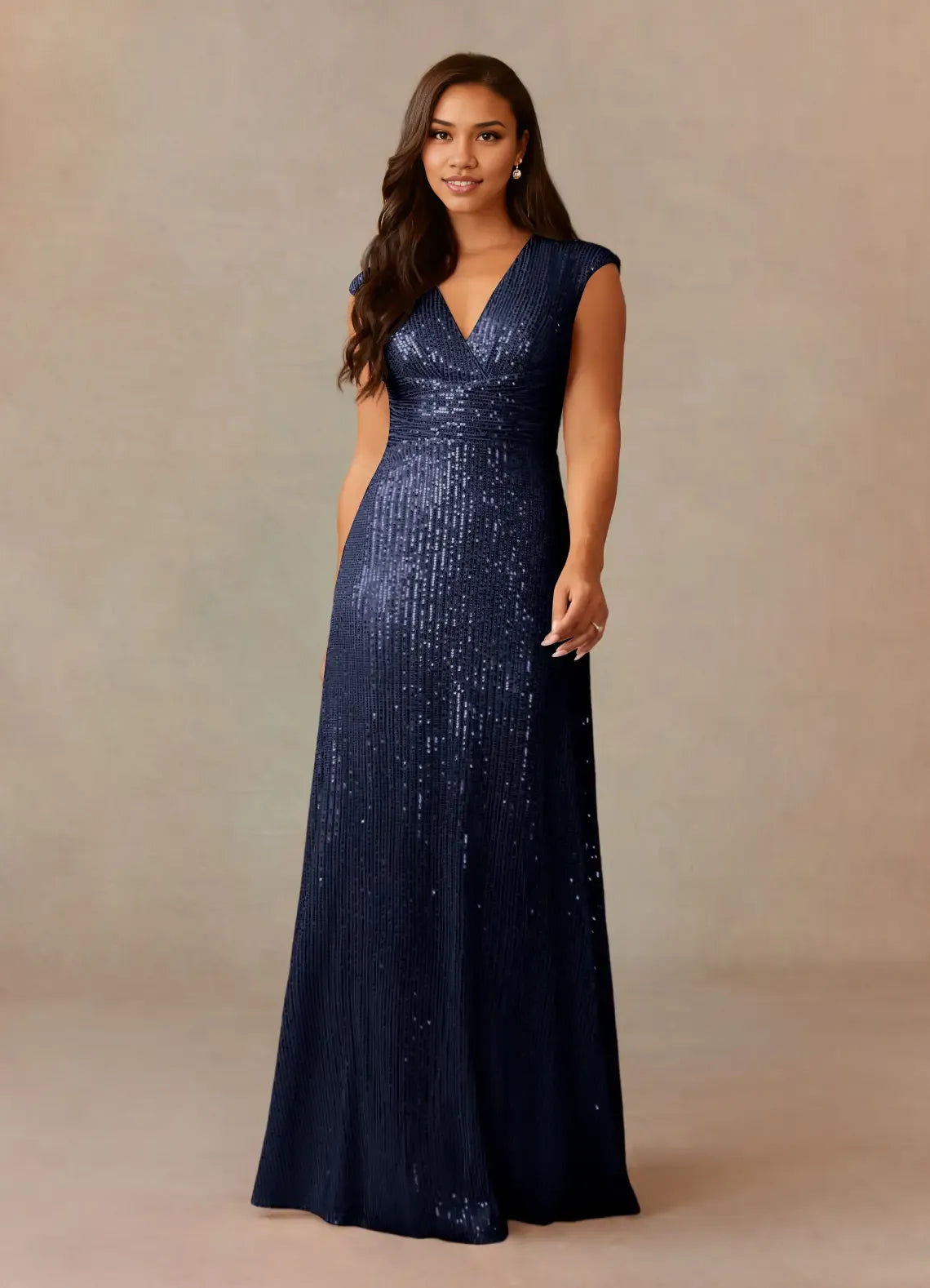 Refined Elegant Champagne Sequins A-Line V-Neck Ruffle Mother of the Bride Dress