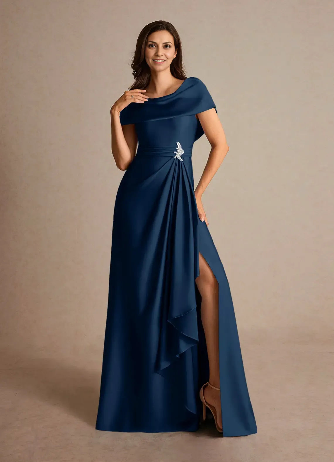 Timeless Chic Elegant Satin A-Line Cowl Pleated Mother of the Bride Dress