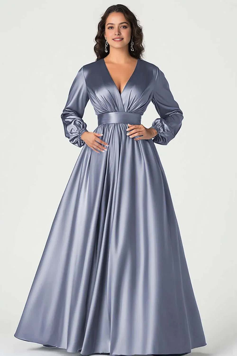 Navy Dark V-Neck Mother of the Bride Dress with Long Sleeves