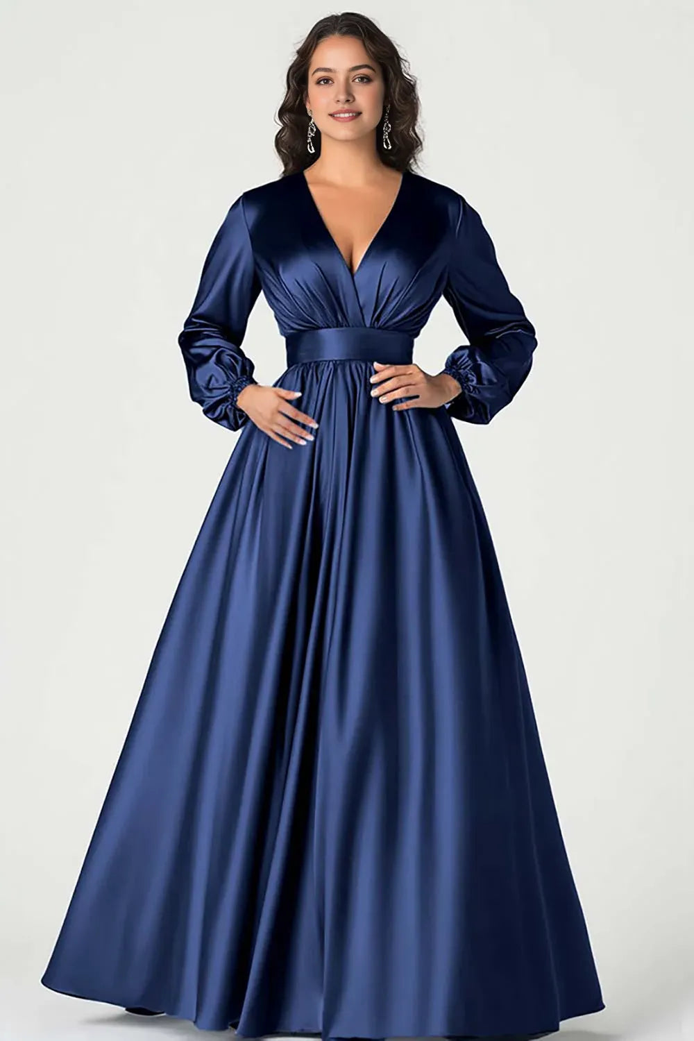 Navy Dark V-Neck Mother of the Bride Dress with Long Sleeves