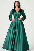Navy Dark V-Neck Mother of the Bride Dress with Long Sleeves