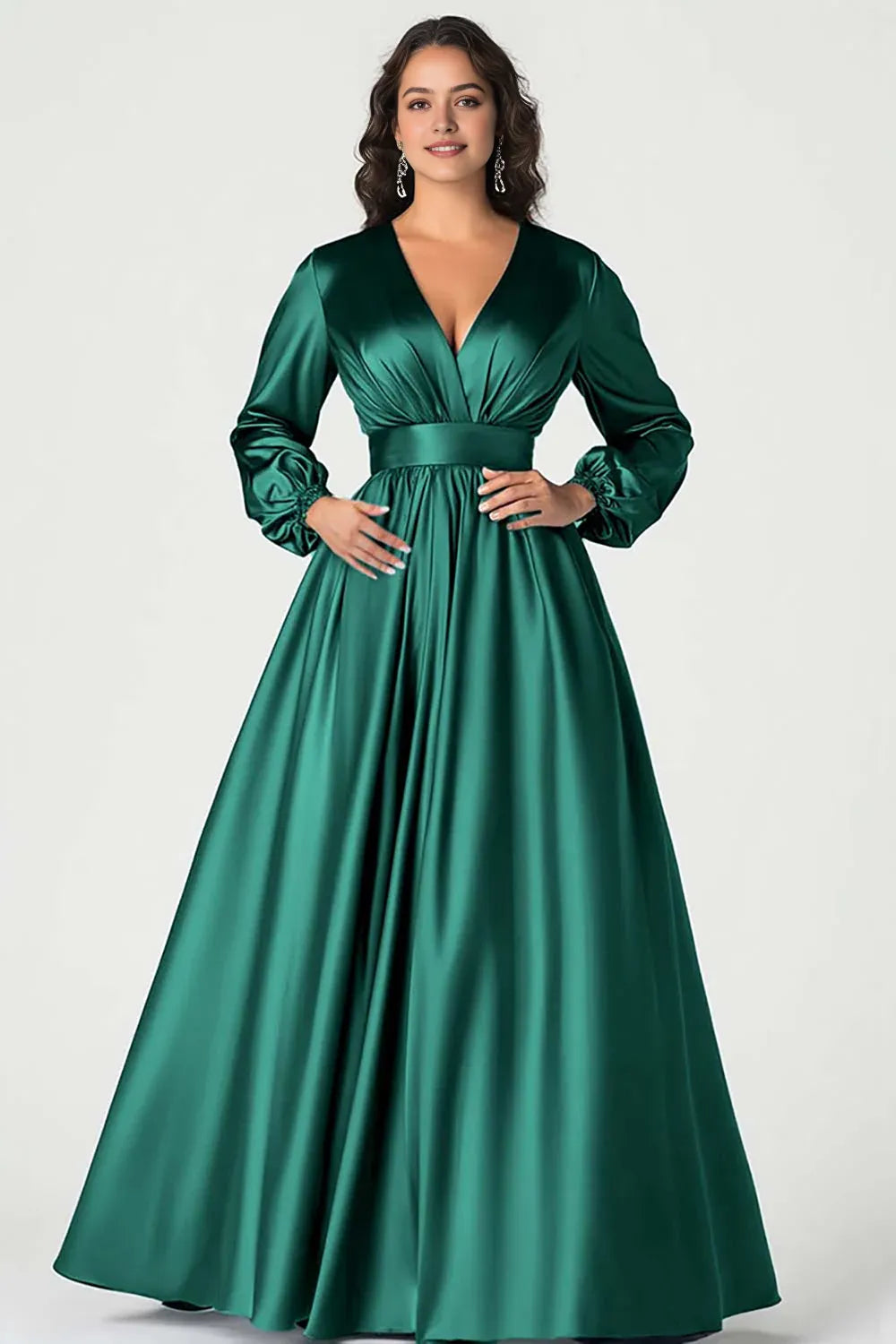 Navy Dark V-Neck Mother of the Bride Dress with Long Sleeves
