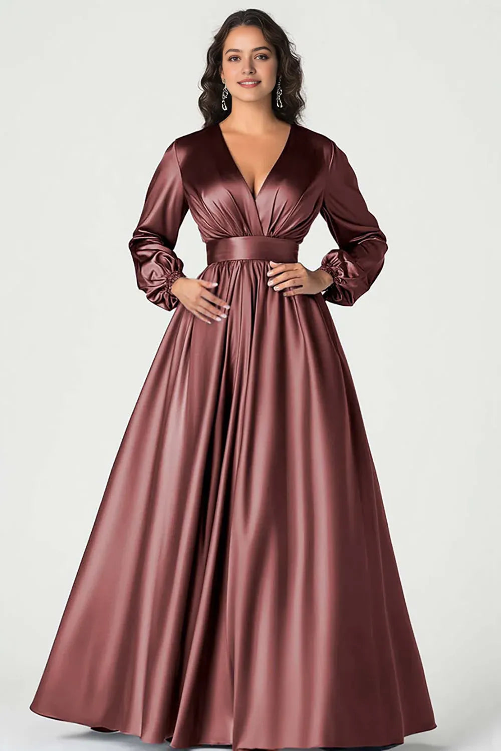 Navy Dark V-Neck Mother of the Bride Dress with Long Sleeves
