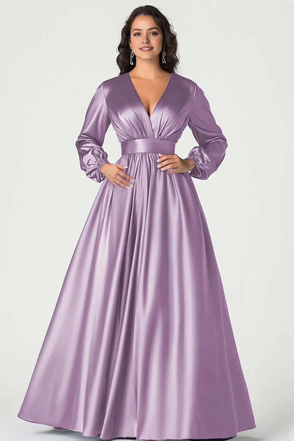 Navy Dark V-Neck Mother of the Bride Dress with Long Sleeves