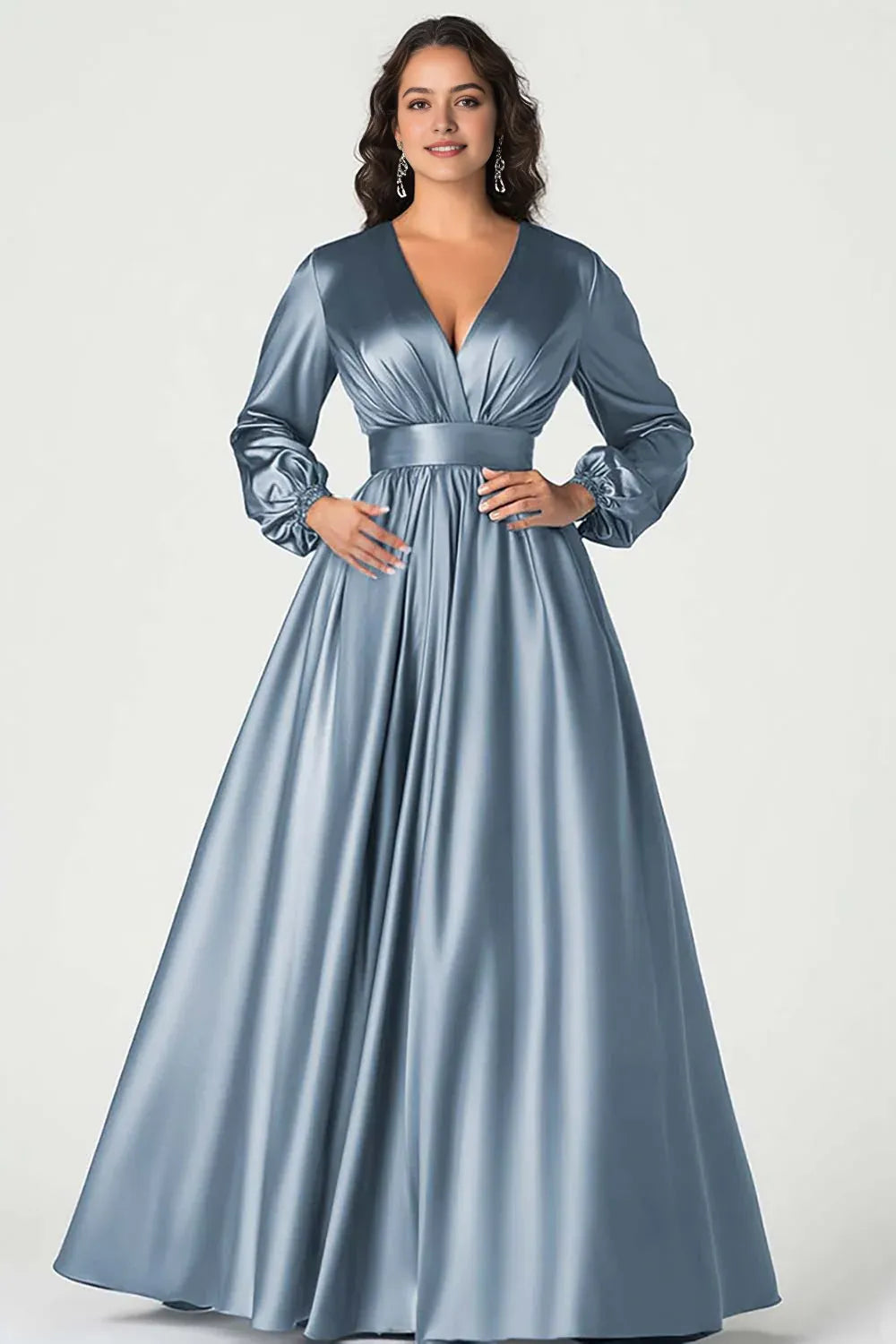 Navy Dark V-Neck Mother of the Bride Dress with Long Sleeves