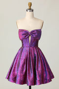 Purple Dark Corset Metallic A Line Short Homecoming Dress with Bow