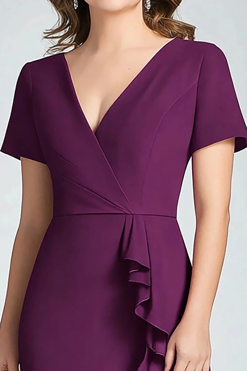 Purple Dark V-Neck Sheath Ruffled Mother of the Bride Dress