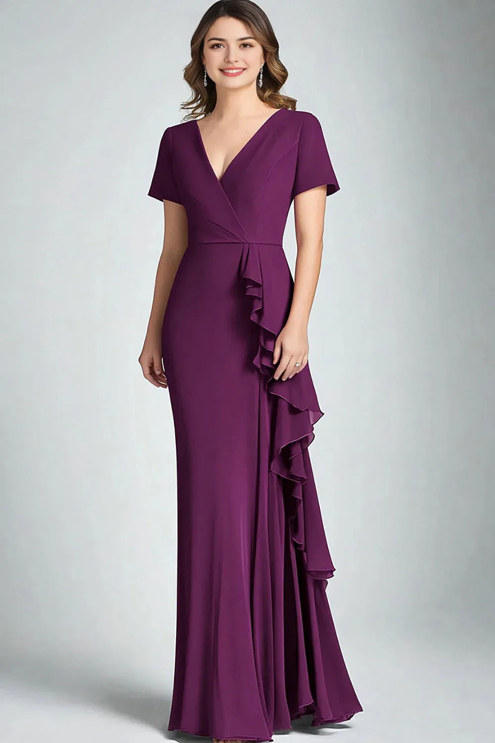 Purple Dark V-Neck Sheath Ruffled Mother of the Bride Dress