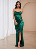 Green Emerald Prom Dress with Cowl Neck Spaghetti Straps Side Slit - Formal Evening Gown for Gala Dance Events