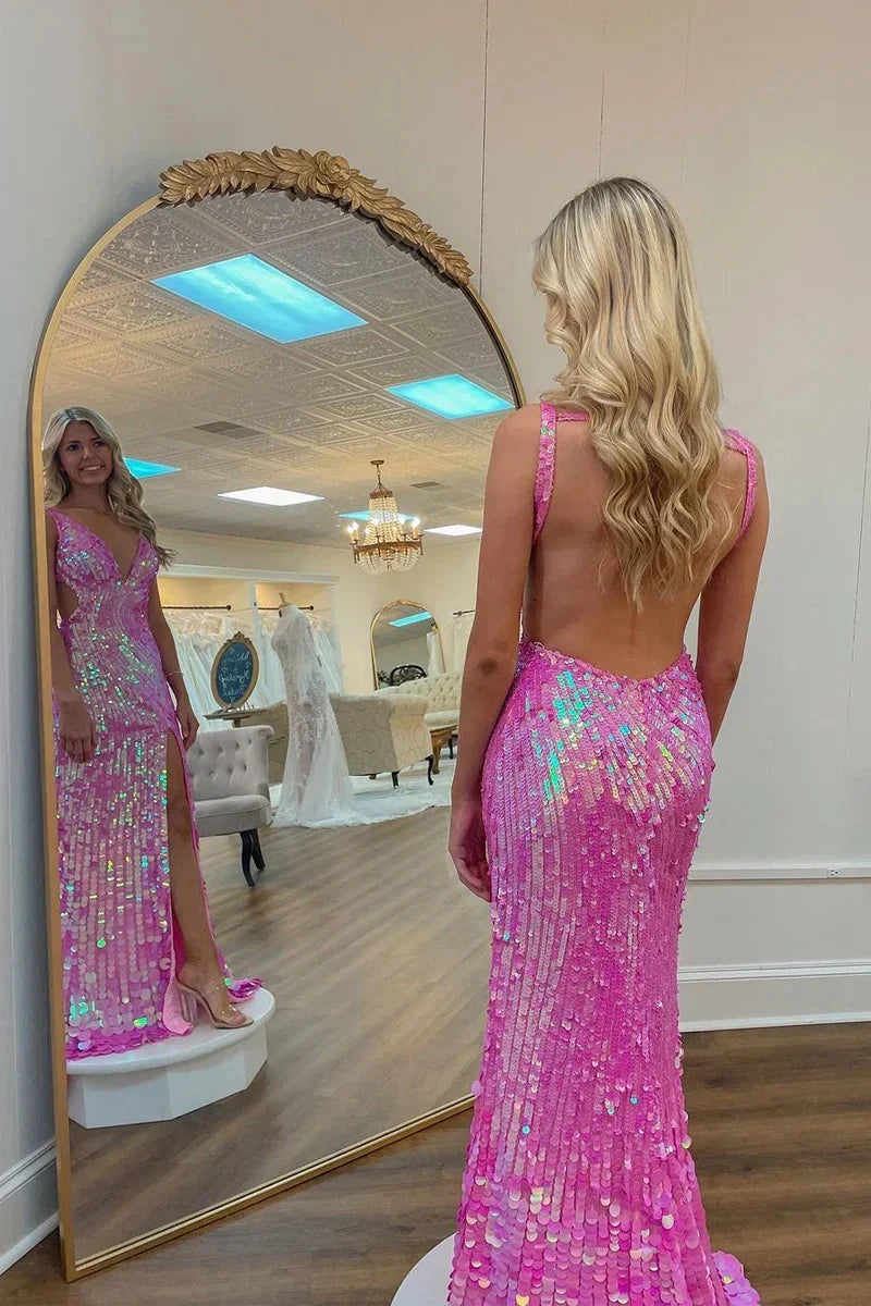 Pink Mermaid V-Neck Backless Hot Party Dress