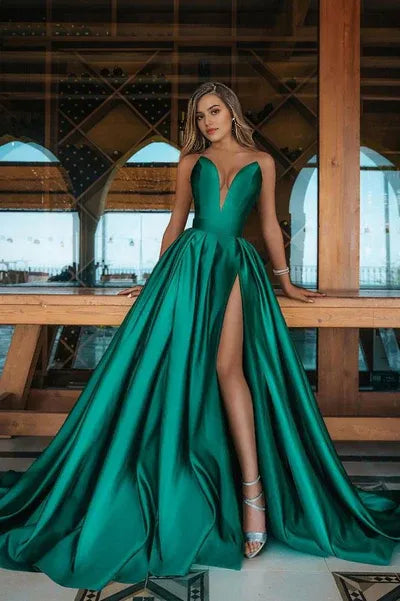 Deep Double V-neck Evening Dress Front Split Party Gowns
