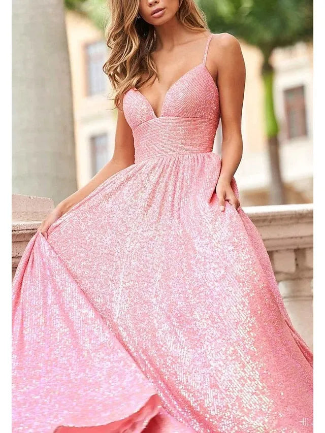 Deep V - Neck Iridescent Prom Dress with Ball Gown Skirt