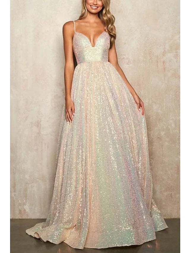 Deep V - Neck Iridescent Prom Dress with Ball Gown Skirt