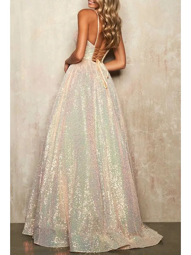 Deep V - Neck Iridescent Prom Dress with Ball Gown Skirt