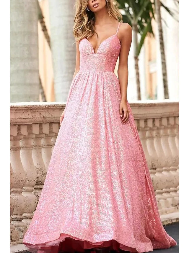 Deep V - Neck Iridescent Prom Dress with Ball Gown Skirt