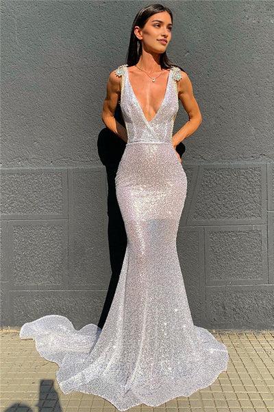 Chic Red Sequin Mermaid V-Neck Sleeveless Backless Floor-Length Prom Dress