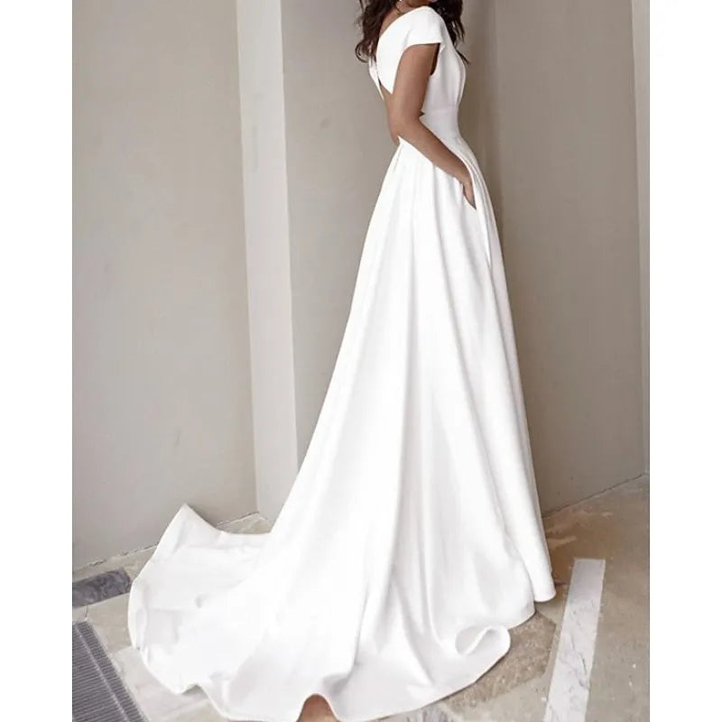 White Deep V Wedding Dresses Waist Accentuating High Slit Train