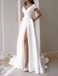 White Deep V Wedding Dresses Waist Accentuating High Slit Train