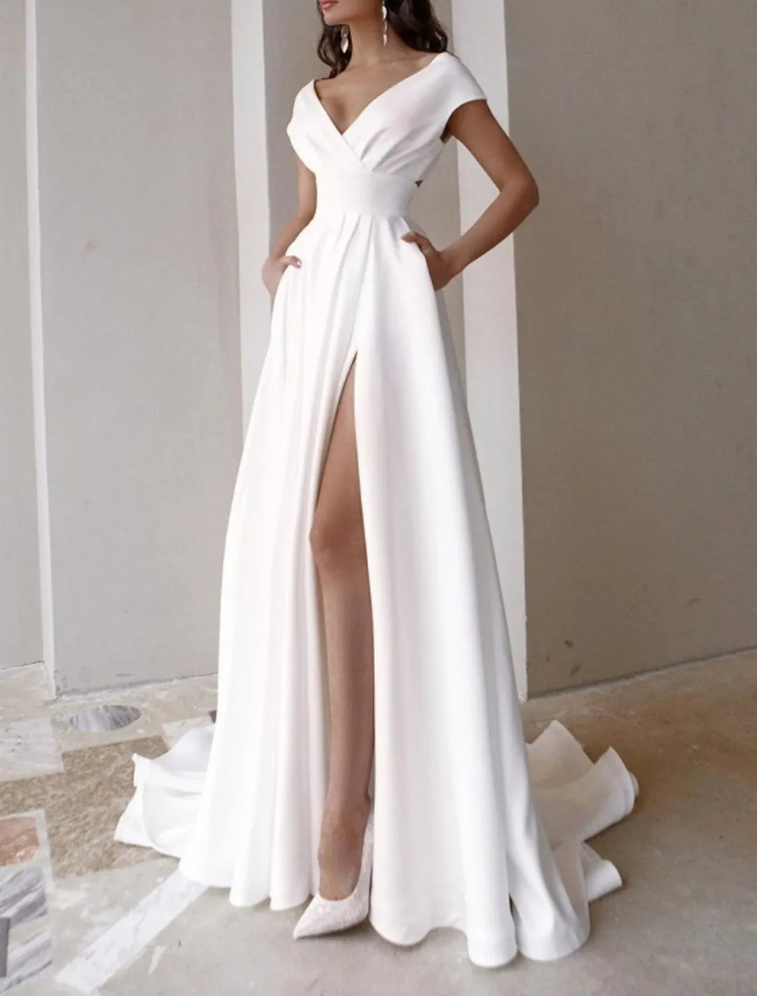 White Deep V Wedding Dresses Waist Accentuating High Slit Train