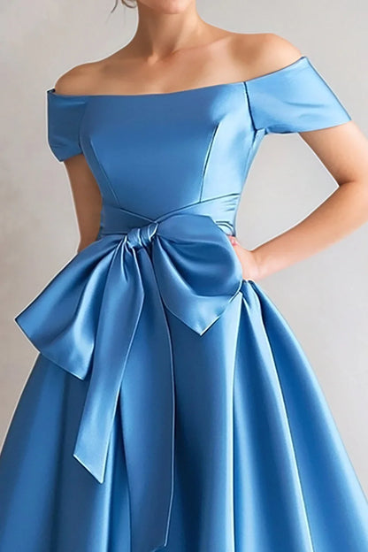 Elegant Sky Blue Satin A-Line Short Sleeve Short Mother of the Bride Dress