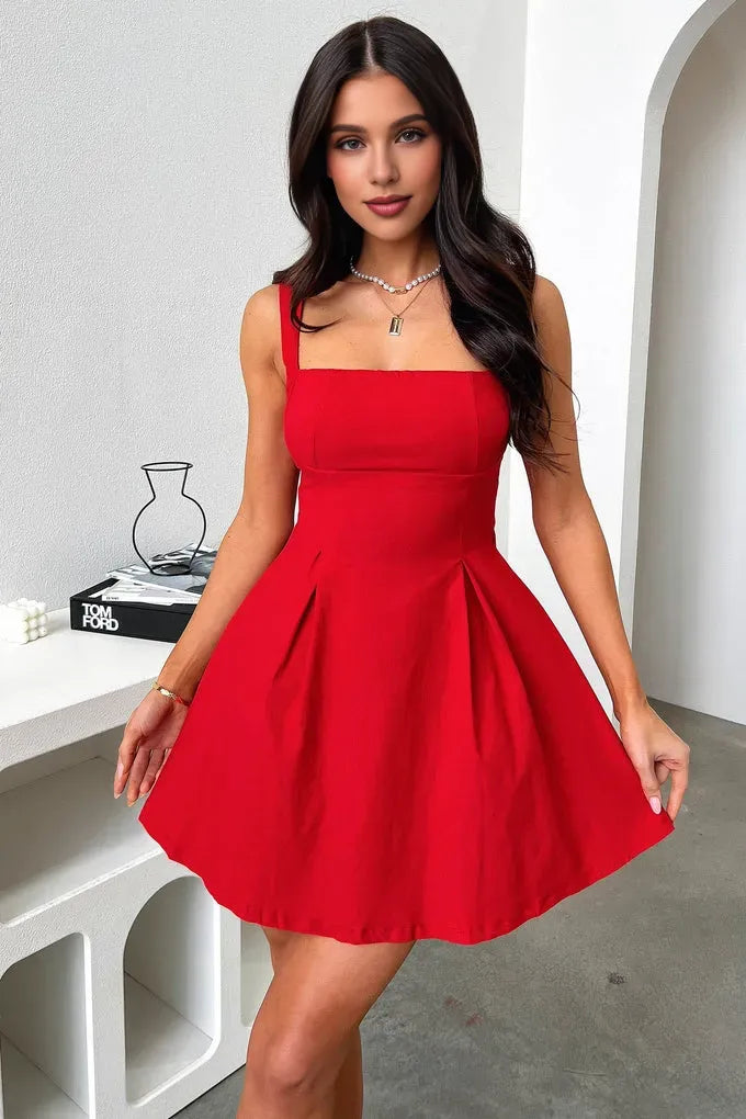 Timeless Chic Elegant Red Satin A-Line Square Neck Sleeveless Mini Homecoming Dress