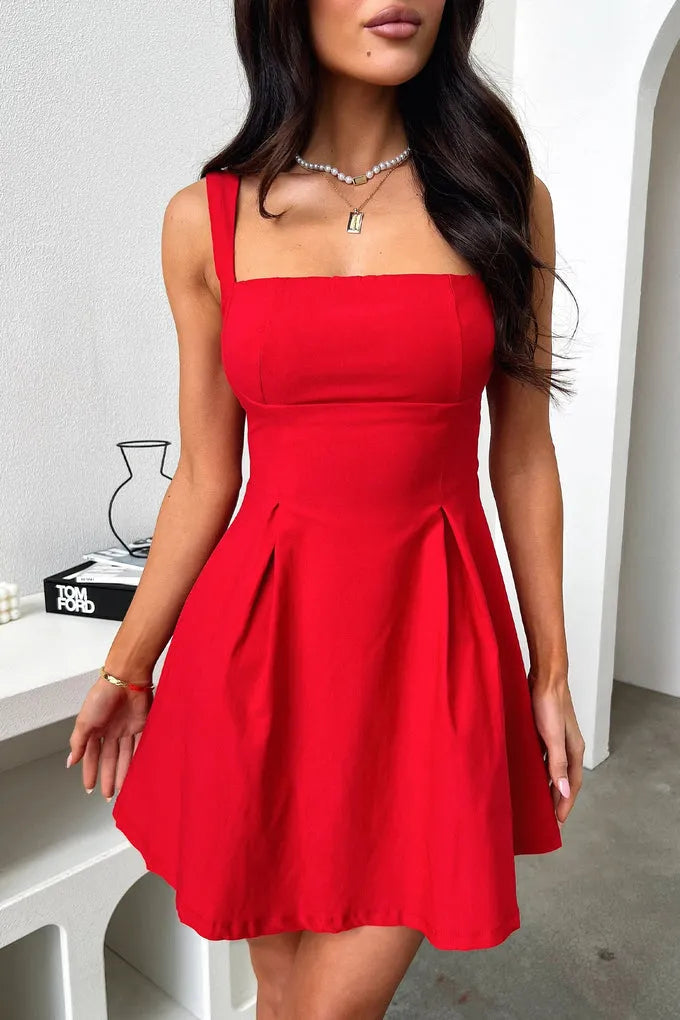 Timeless Chic Elegant Red Satin A-Line Square Neck Sleeveless Mini Homecoming Dress