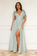 Discount A-line V Neck Tie Straps Bow Shirred Sage Maxi Prom Dress With Slit