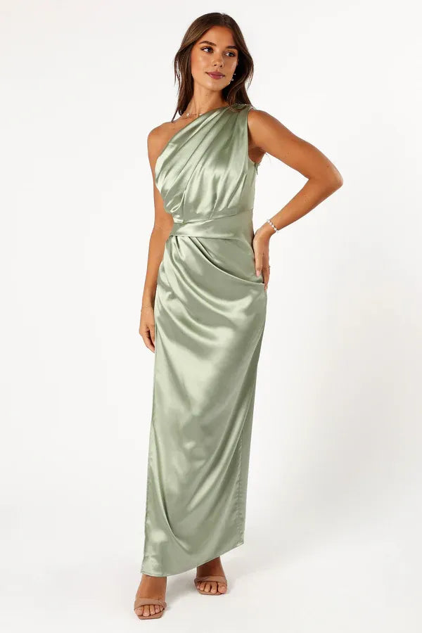 Sophisticated Graceful Stylish Refined Beautiful Timeless Elegant Gold Satin Sleeveless Prom Dress