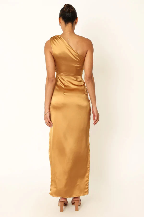 Sophisticated Graceful Stylish Refined Beautiful Timeless Elegant Gold Satin Sleeveless Prom Dress