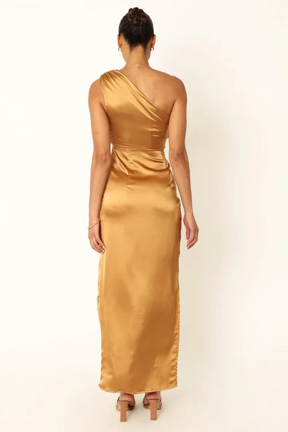 Sophisticated Graceful Stylish Refined Beautiful Timeless Elegant Gold Satin Sleeveless Prom Dress