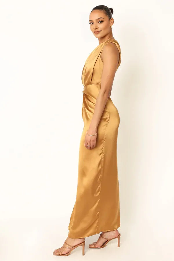 Sophisticated Graceful Stylish Refined Beautiful Timeless Elegant Gold Satin Sleeveless Prom Dress