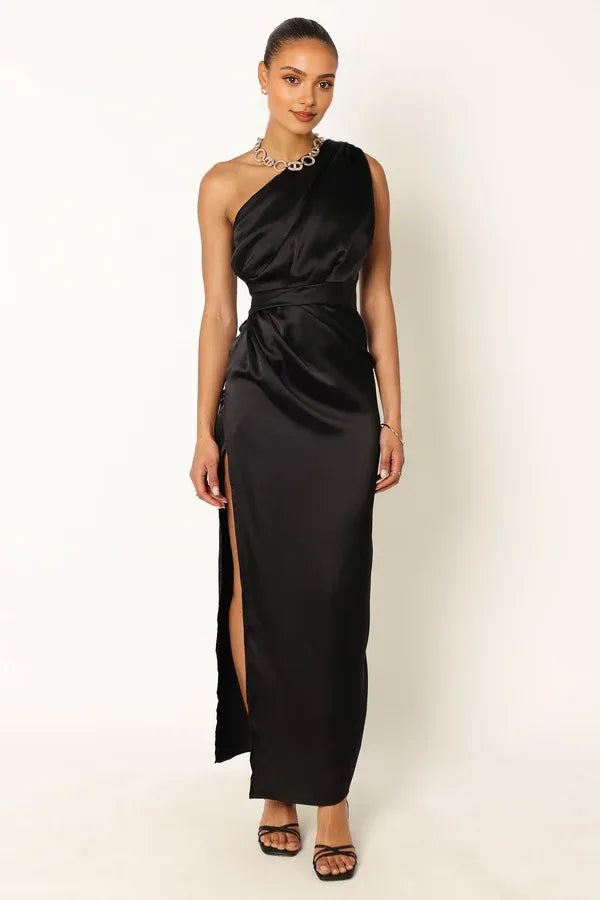 Sophisticated Graceful Stylish Refined Beautiful Timeless Elegant Gold Satin Sleeveless Prom Dress