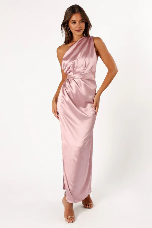 Sophisticated Graceful Stylish Refined Beautiful Timeless Elegant Gold Satin Sleeveless Prom Dress