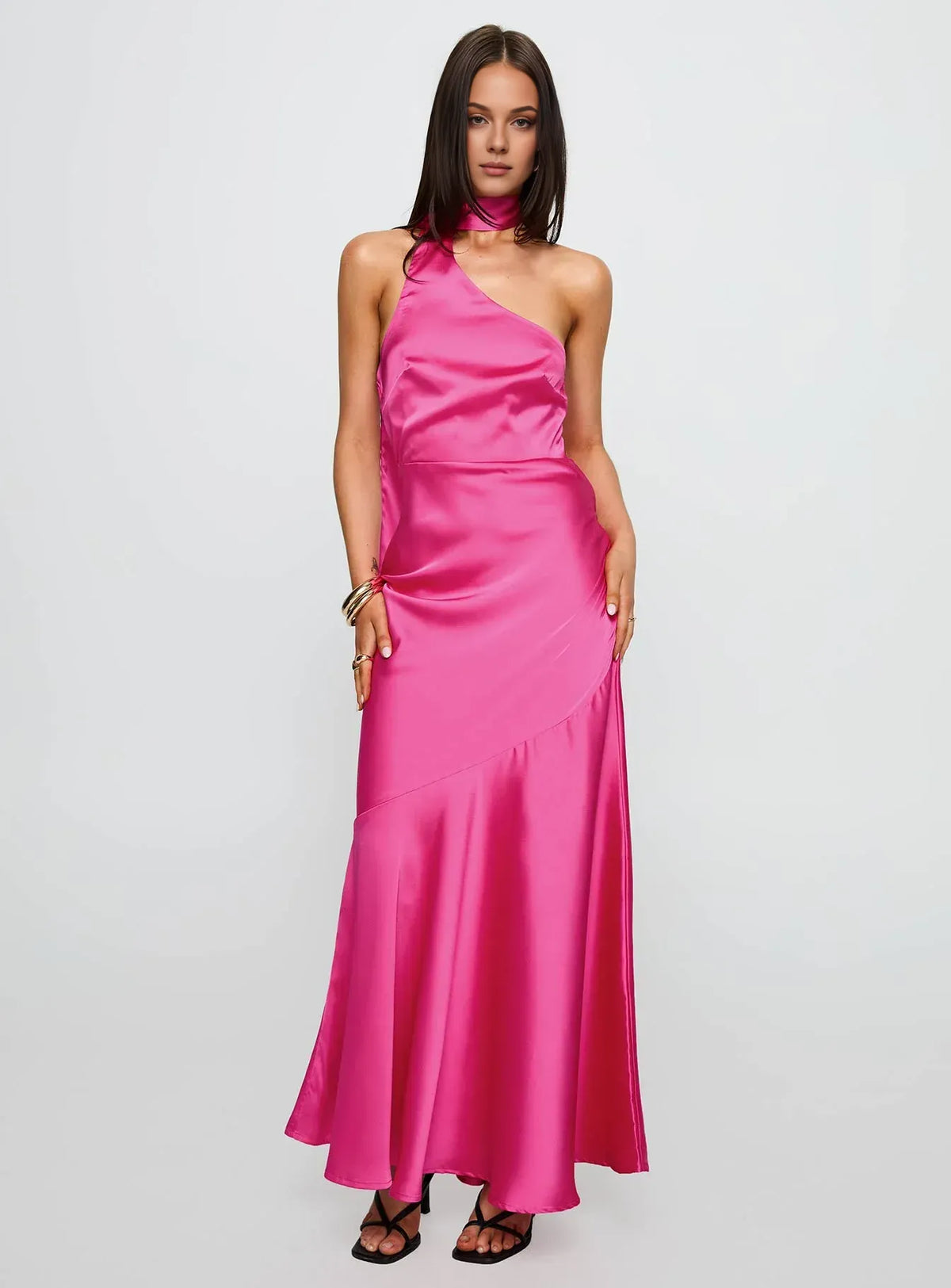 Stylish Refined Beautiful Timeless Elegant Hot Pink Satin Sleeveless Floor-Length Prom Dress