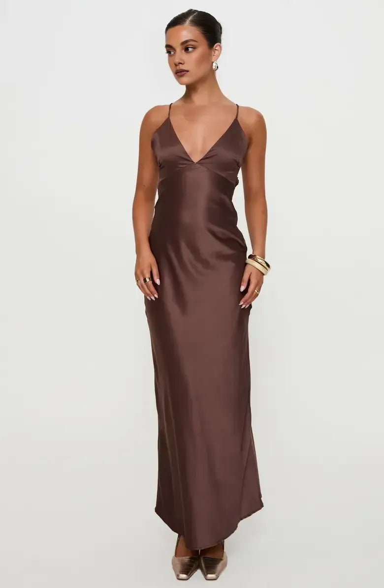 Beautiful Timeless Special Occasion Elegant Chocolate Brown Satin Sleeveless Floor-Length Prom Dress