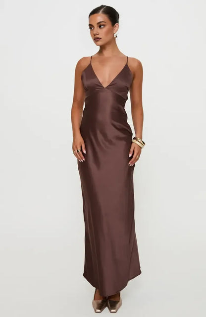 Beautiful Timeless Special Occasion Elegant Chocolate Brown Satin Sleeveless Floor-Length Prom Dress