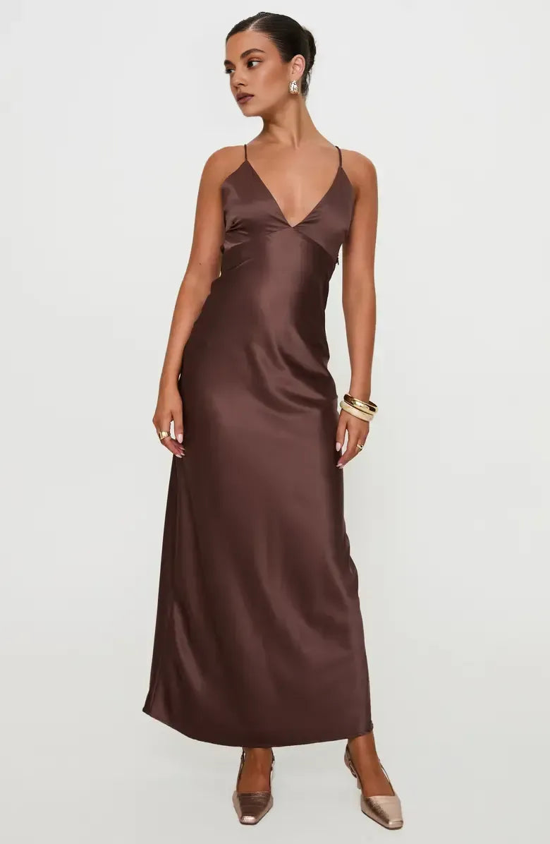 Beautiful Timeless Special Occasion Elegant Chocolate Brown Satin Sleeveless Floor-Length Prom Dress