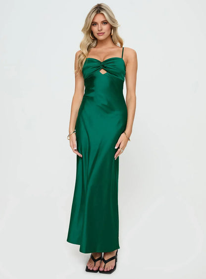 Stylish Refined Beautiful Timeless Elegant Emerald Green Satin Sleeveless Floor-Length Prom Dress