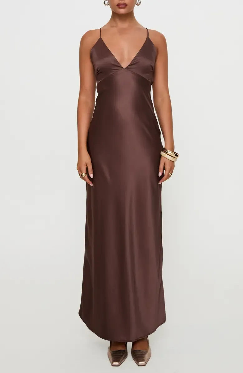 Beautiful Timeless Special Occasion Elegant Chocolate Brown Satin Sleeveless Floor-Length Prom Dress