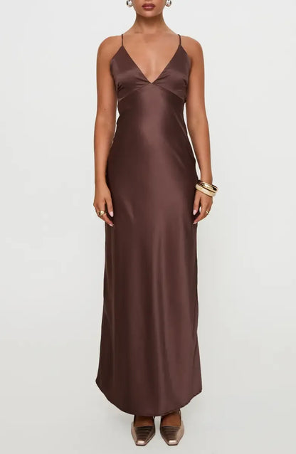 Beautiful Timeless Special Occasion Elegant Chocolate Brown Satin Sleeveless Floor-Length Prom Dress