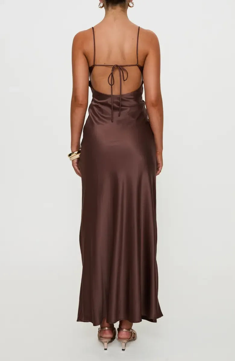 Beautiful Timeless Special Occasion Elegant Chocolate Brown Satin Sleeveless Floor-Length Prom Dress
