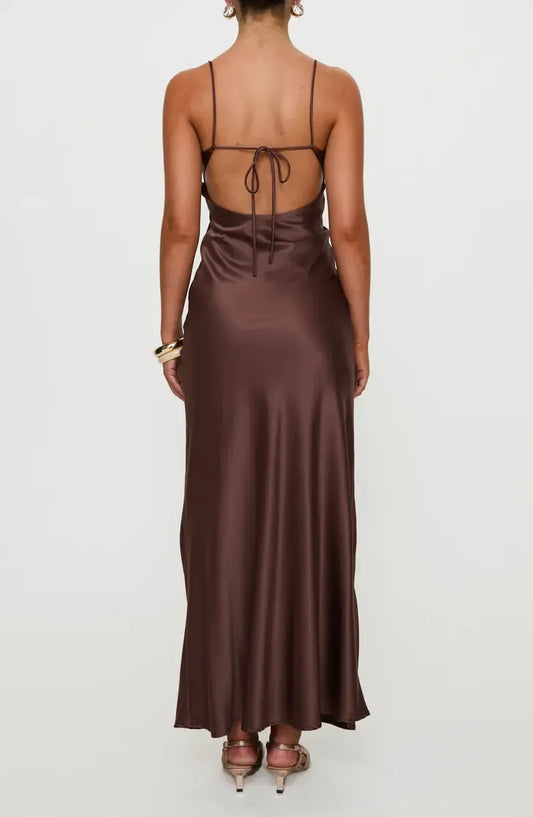 Beautiful Timeless Special Occasion Elegant Chocolate Brown Satin Sleeveless Floor-Length Prom Dress