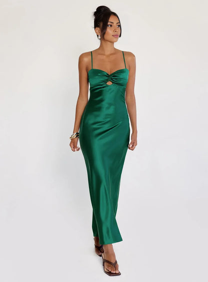 Stylish Refined Beautiful Timeless Elegant Emerald Green Satin Sleeveless Floor-Length Prom Dress