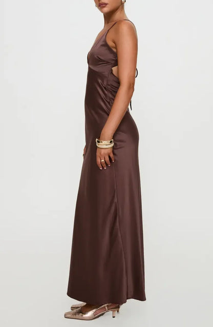 Beautiful Timeless Special Occasion Elegant Chocolate Brown Satin Sleeveless Floor-Length Prom Dress