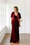 Timeless Special Occasion Sophisticated Elegant Burgundy Velvet Short Sleeve Floor-Length Prom Dress