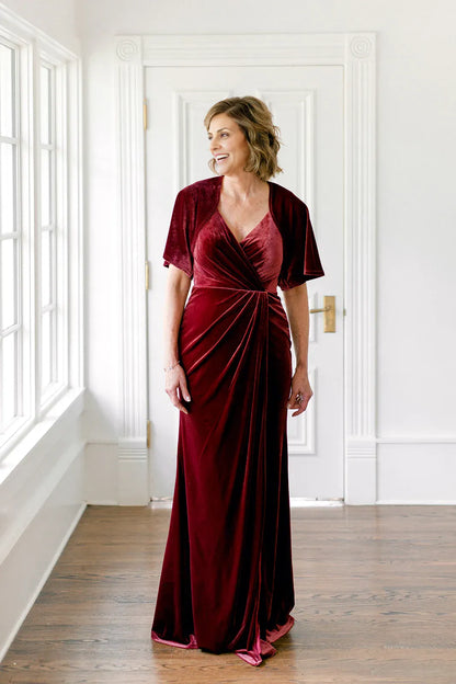 Timeless Special Occasion Sophisticated Elegant Burgundy Velvet Short Sleeve Floor-Length Prom Dress