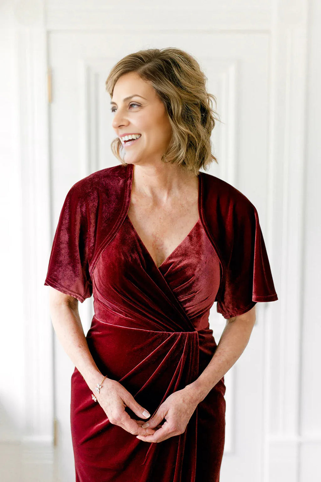 Timeless Special Occasion Sophisticated Elegant Burgundy Velvet Short Sleeve Floor-Length Prom Dress